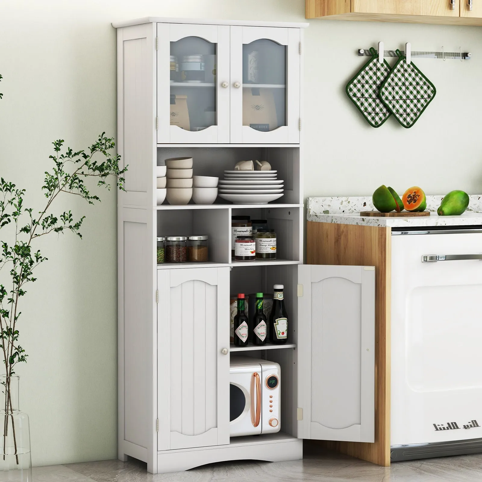 148cm Tall Bathroom Cabinet Storage Cabinet with Glass Doors-White