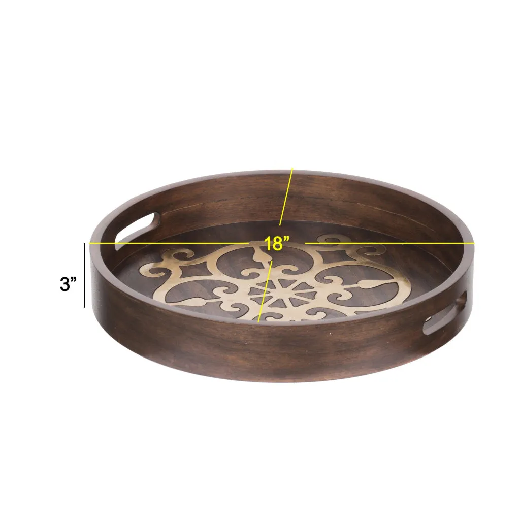 18 Inch Round Decorative Tray, Brass Inlaid Design and Brown Wood Frame By Casagear Home