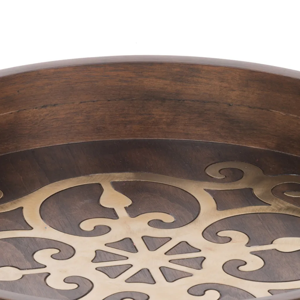 18 Inch Round Decorative Tray, Brass Inlaid Design and Brown Wood Frame By Casagear Home