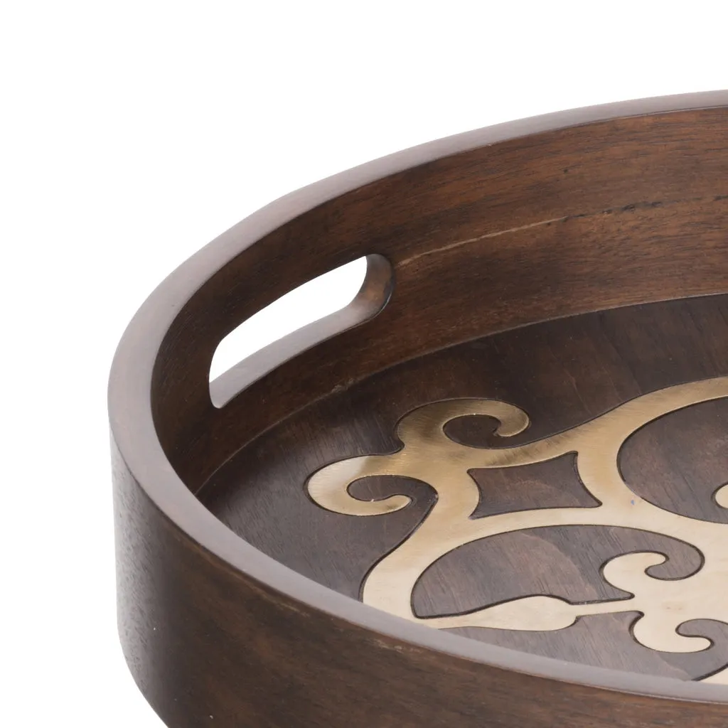 18 Inch Round Decorative Tray, Brass Inlaid Design and Brown Wood Frame By Casagear Home