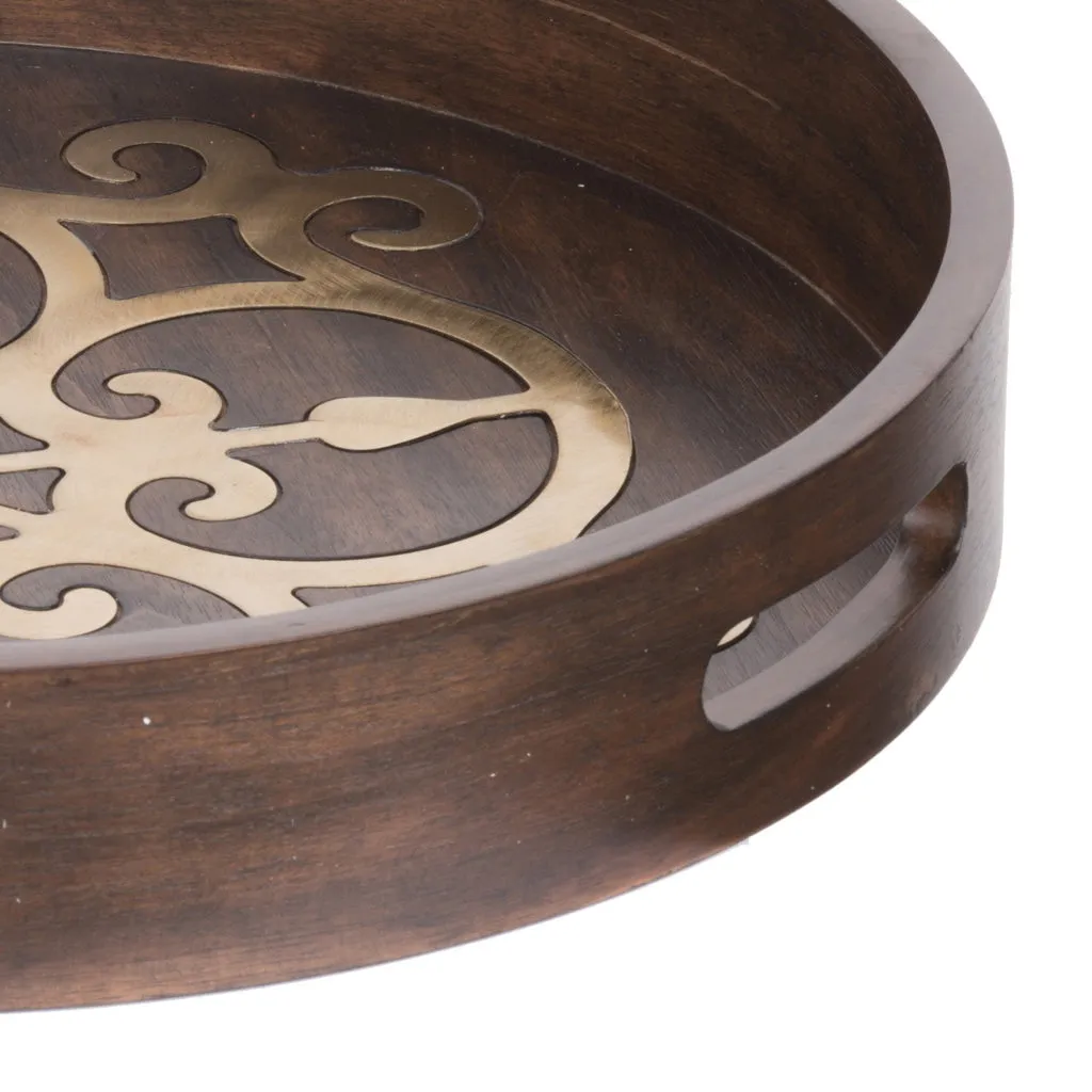 18 Inch Round Decorative Tray, Brass Inlaid Design and Brown Wood Frame By Casagear Home