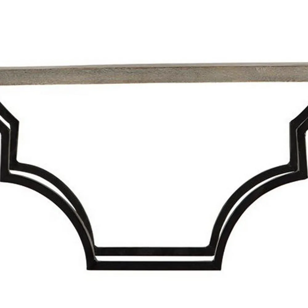 2 Tier Wooden Wall Shelf with Quatrefoil Design Open Metal Frame, Black By Casagear Home