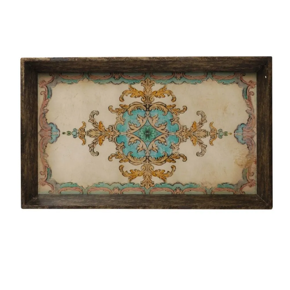 25 Inch Wood Tray, Vintage Style, Distressed Brown Wood Frame, Set of 2 By Casagear Home