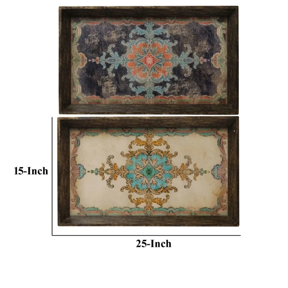 25 Inch Wood Tray, Vintage Style, Distressed Brown Wood Frame, Set of 2 By Casagear Home