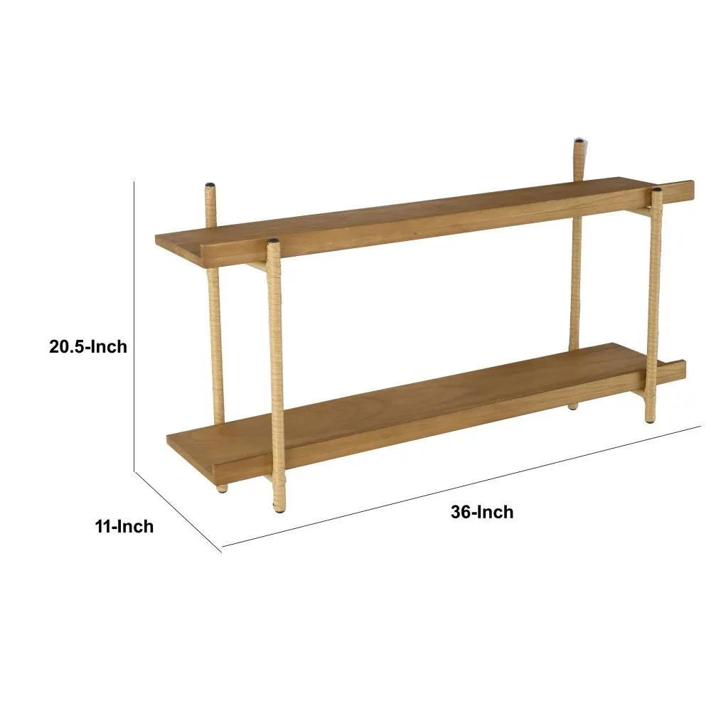 36 Inch Modern Wood Two Tier Shelf, Rattan Braiding, Brown, Gold By Casagear Home