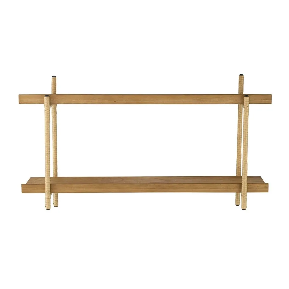 36 Inch Modern Wood Two Tier Shelf, Rattan Braiding, Brown, Gold By Casagear Home