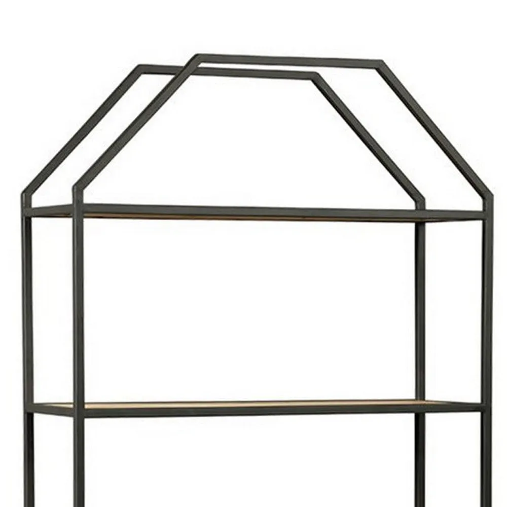 4 Tier Wooden Wall Shelf with Octagonal Open Metal Frame, Black By Casagear Home