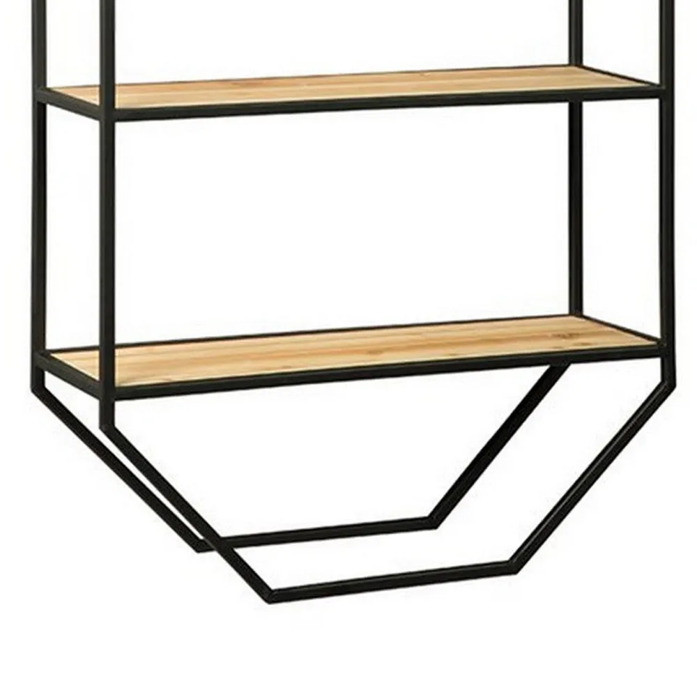 4 Tier Wooden Wall Shelf with Octagonal Open Metal Frame, Black By Casagear Home