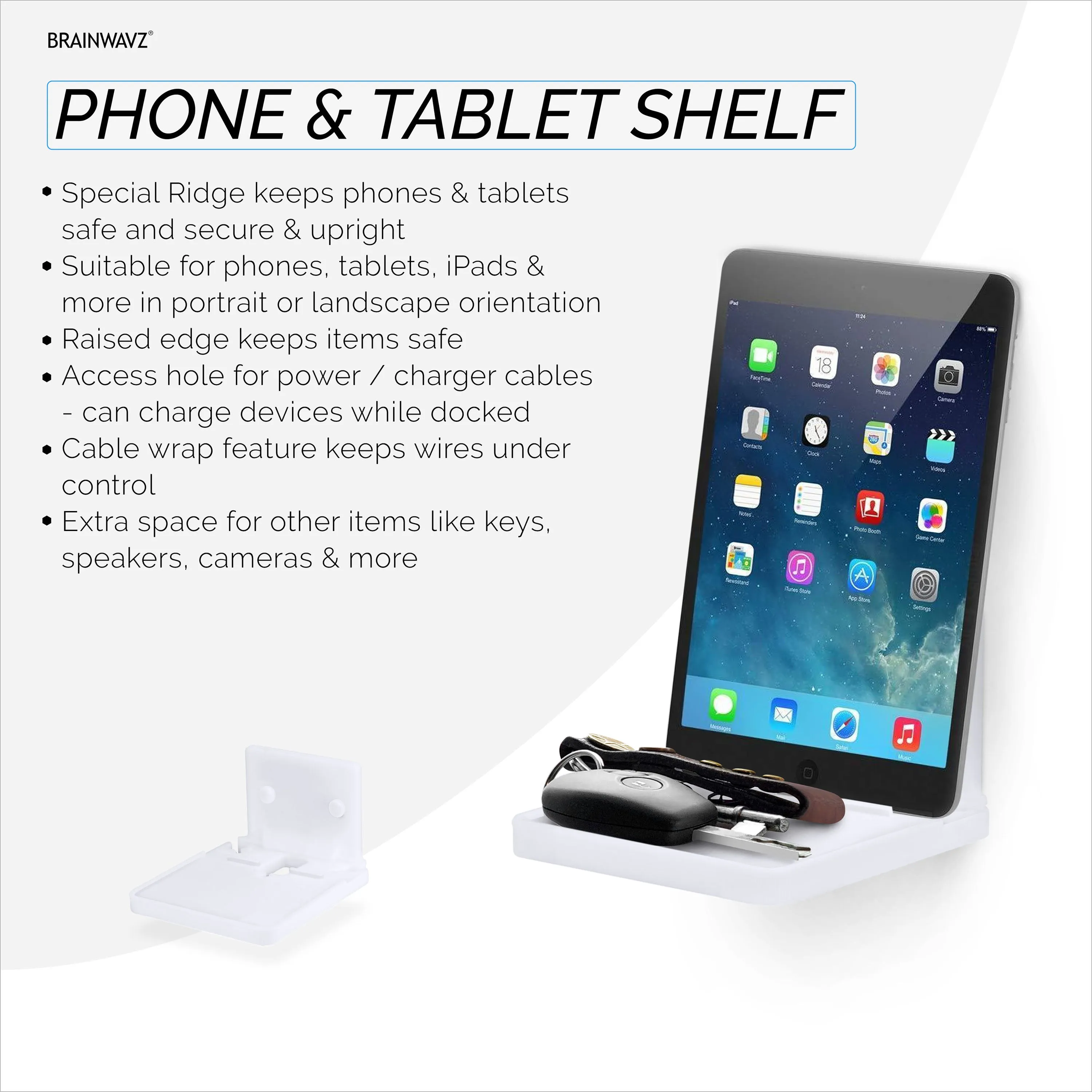 4" Small Wall Mount Shelf with Tablet & Phone Holder, Use for Baby Monitors, Bedside, Decor, Cameras, Speakers & More, Adhesive & Screw-in