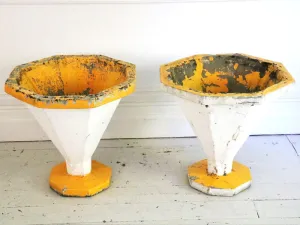A pair of supercool white and yellow 50's planters