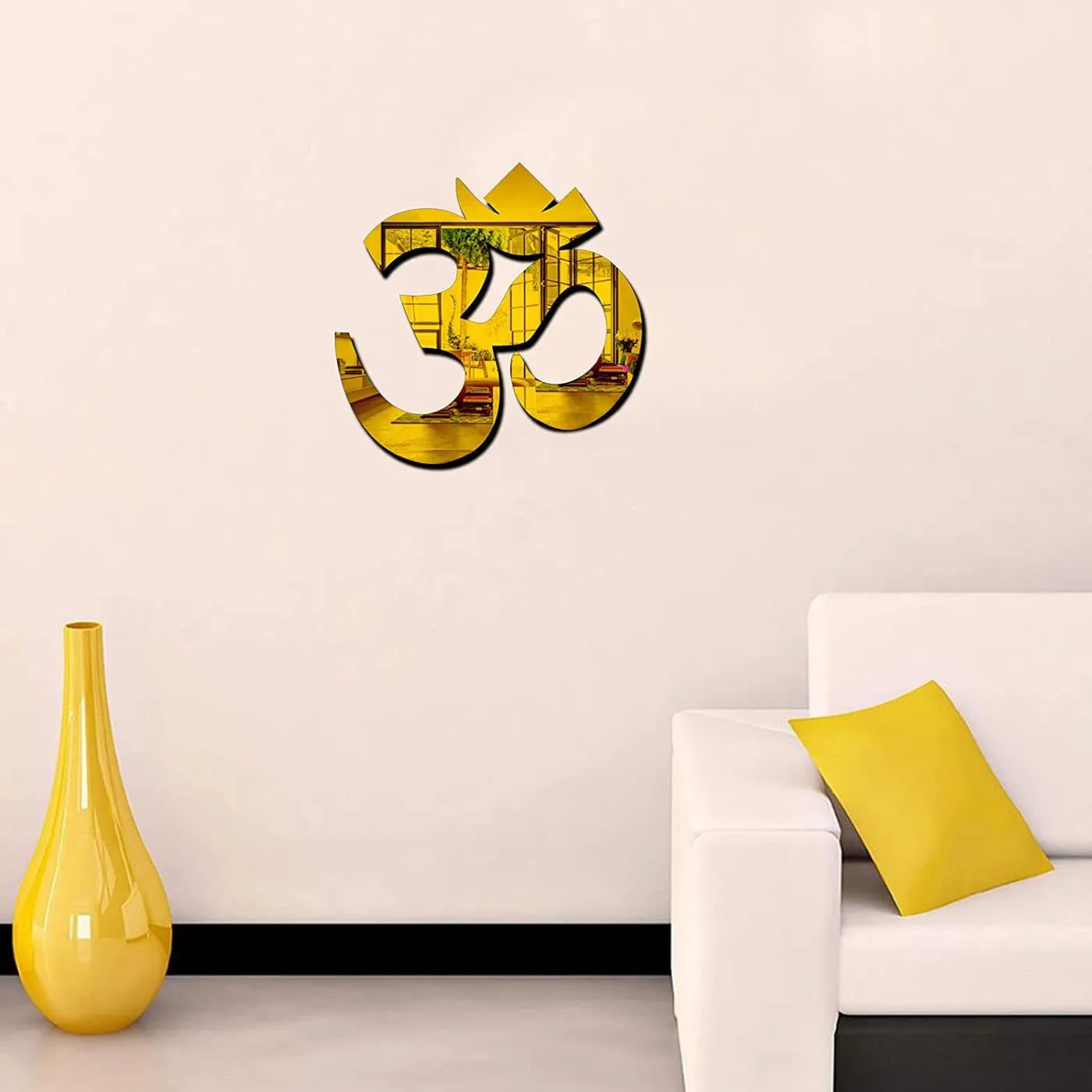 Asmi Collections Beautiful Om Self Adhesive Acrylic Mirror Wall Stickers (Gold)