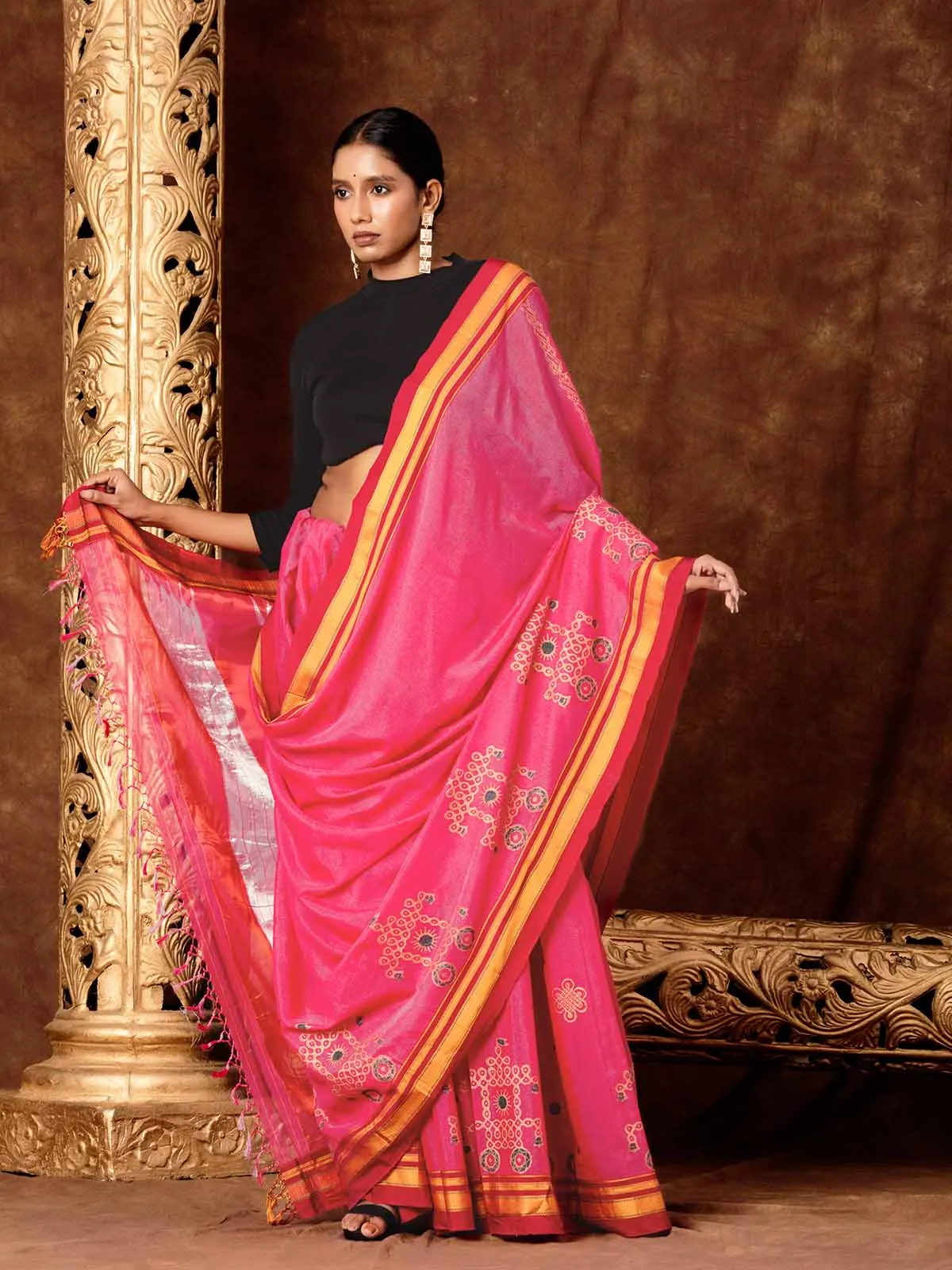 Block Chariot Printed Quirky Illkal Pink Saree