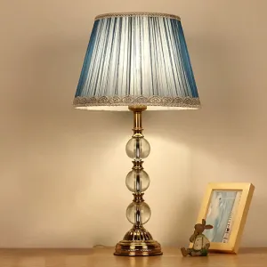Blue Fabric Nightstand Lamp with Crystal Deco - Classic Pleated Shade for Bedroom