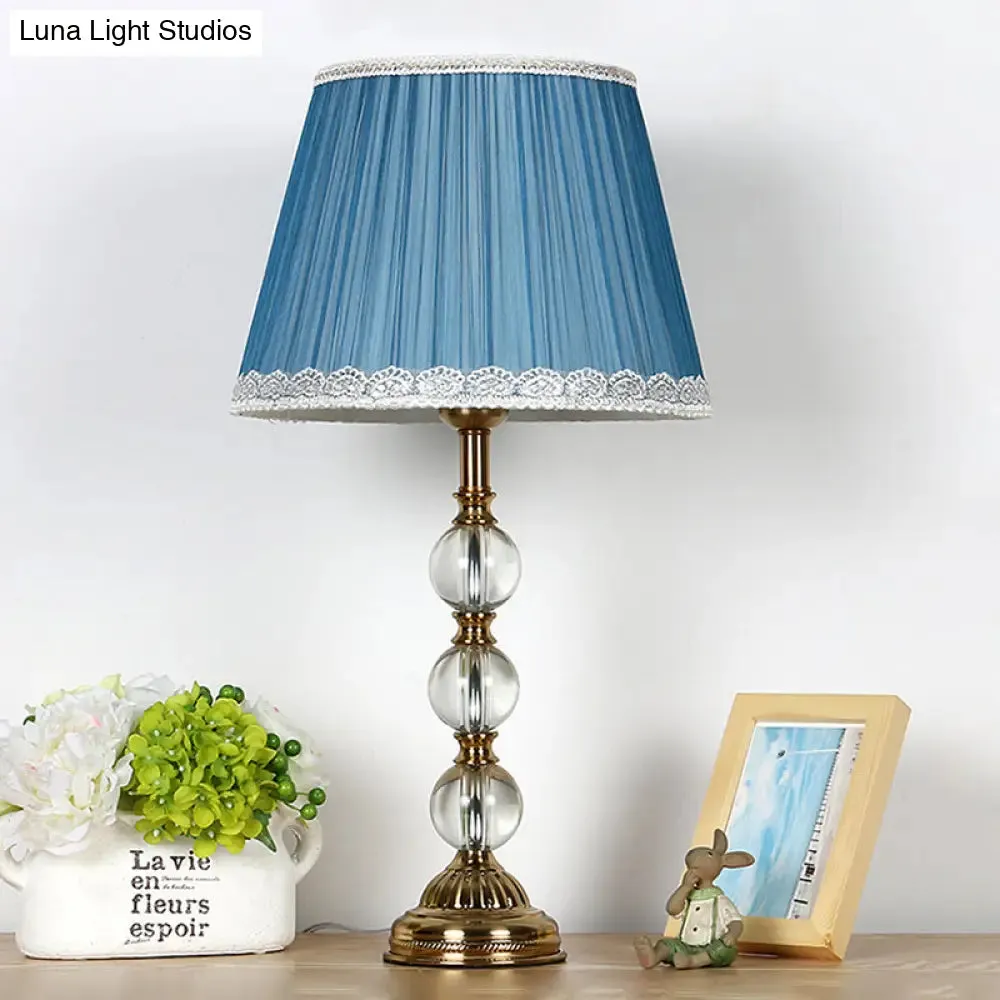 Blue Fabric Nightstand Lamp with Crystal Deco - Classic Pleated Shade for Bedroom