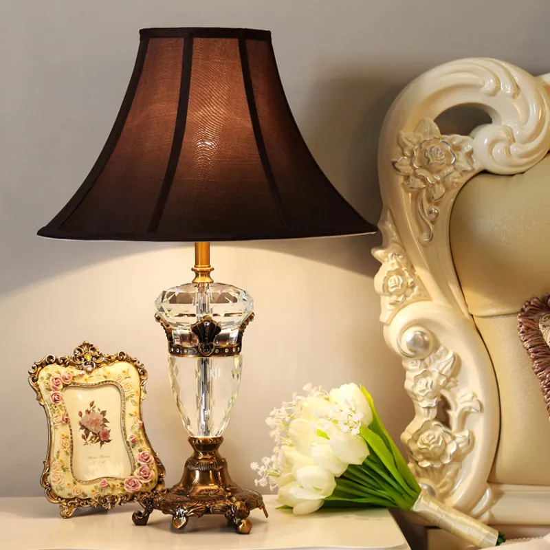 Brown Crystal Nightstand Lamp with Cone Fabric Shade - Single Head Table Light for Rural Ambiance