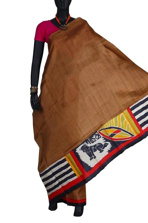Brown Festive Silk Hand Painted Saree