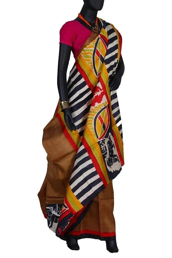 Brown Festive Silk Hand Painted Saree
