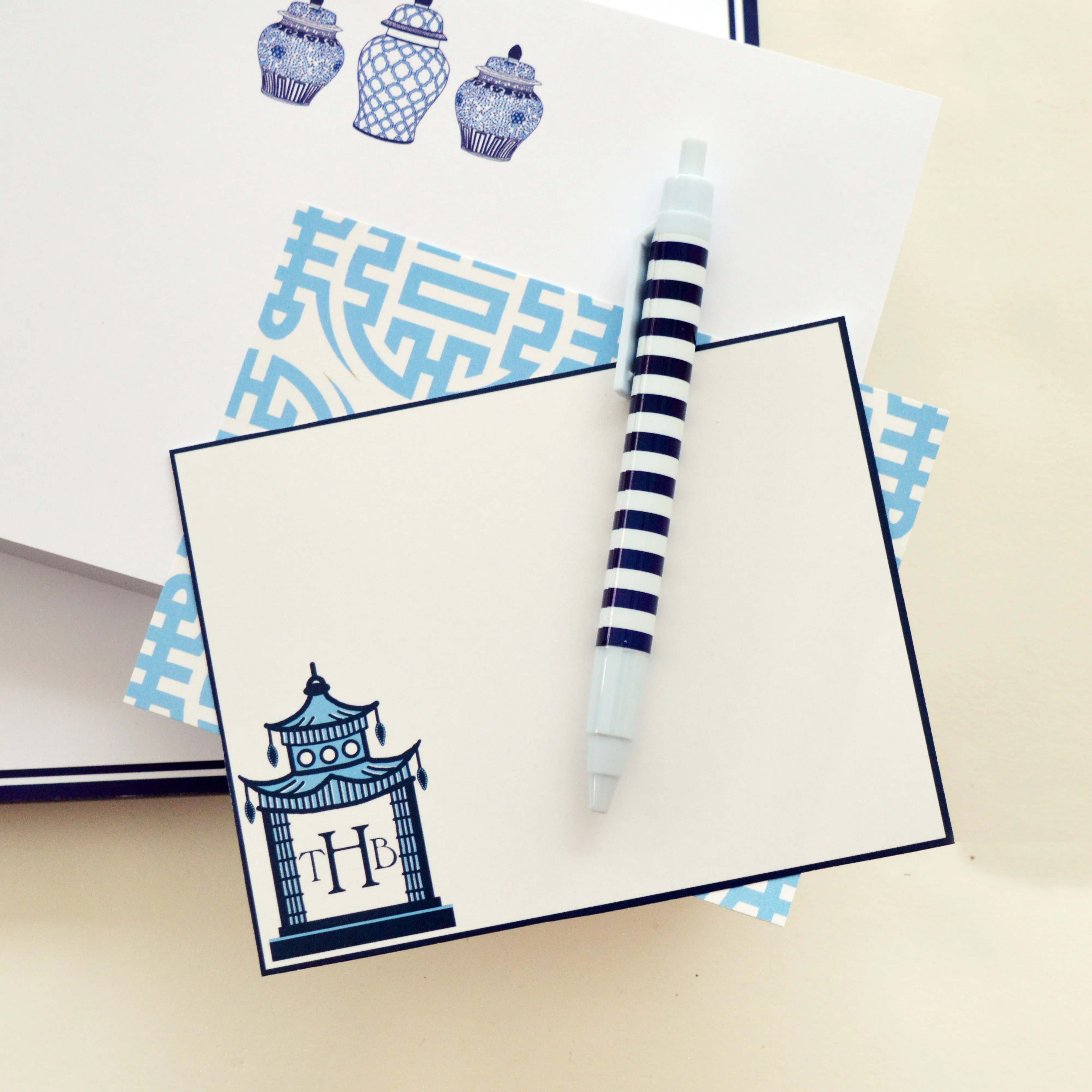 Chinoiserie Pagoda Monogrammed Flat Notecards