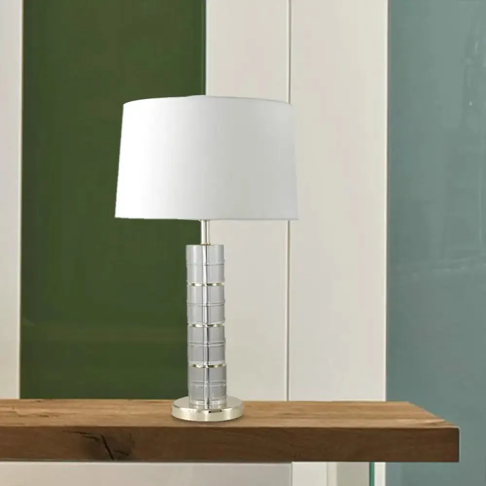 Chrome Small Desk Lamp with Clear Crystal, Modern Cylindrical Fabric Table Light