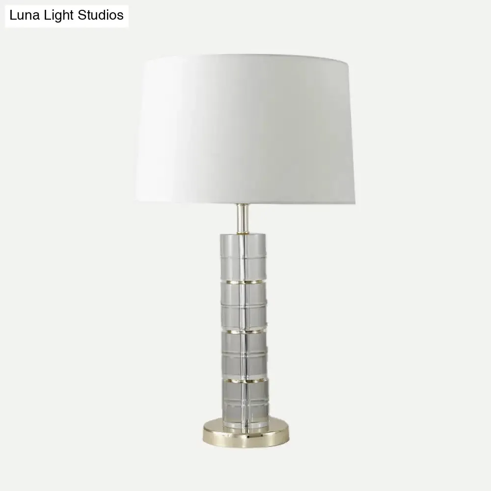 Chrome Small Desk Lamp with Clear Crystal, Modern Cylindrical Fabric Table Light