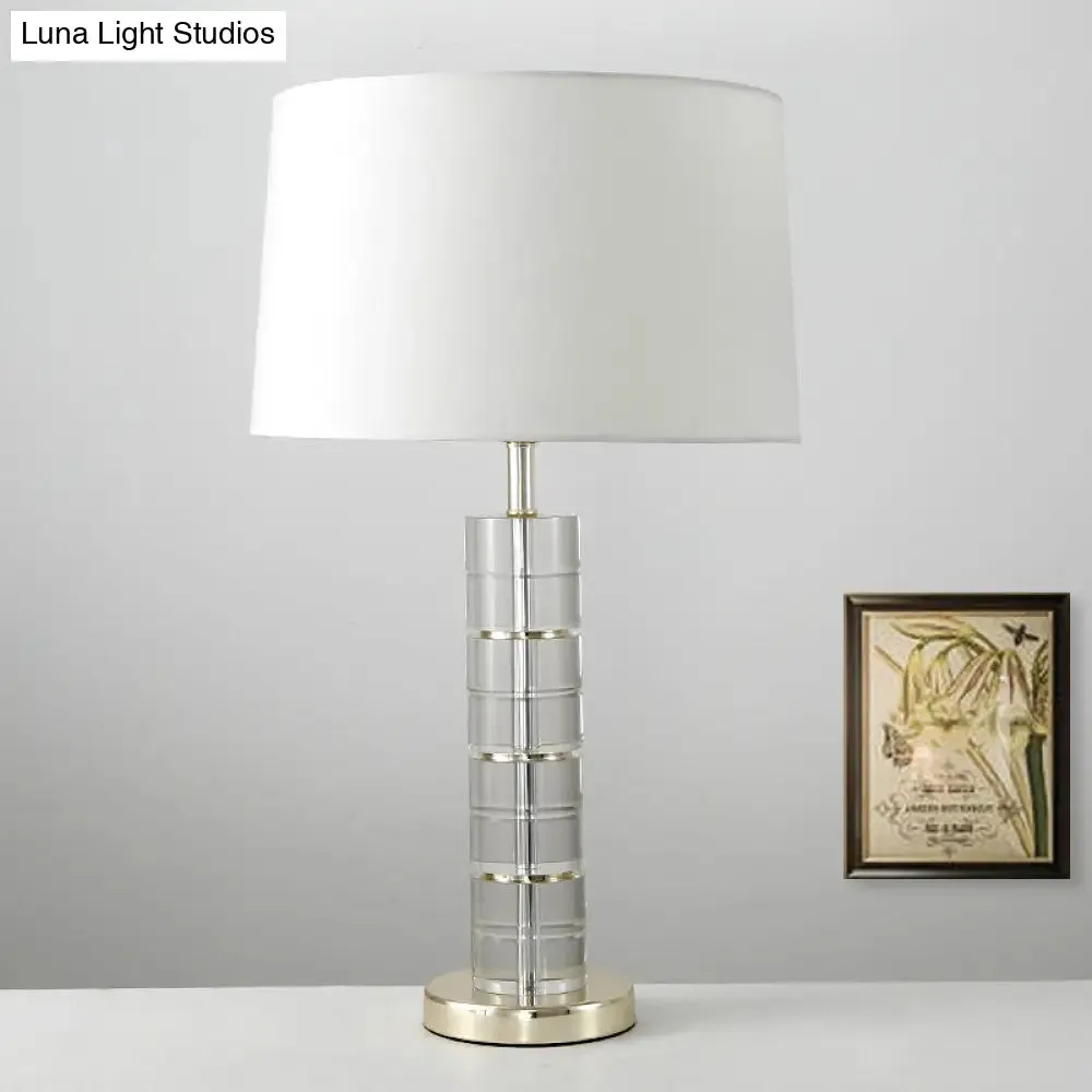 Chrome Small Desk Lamp with Clear Crystal, Modern Cylindrical Fabric Table Light