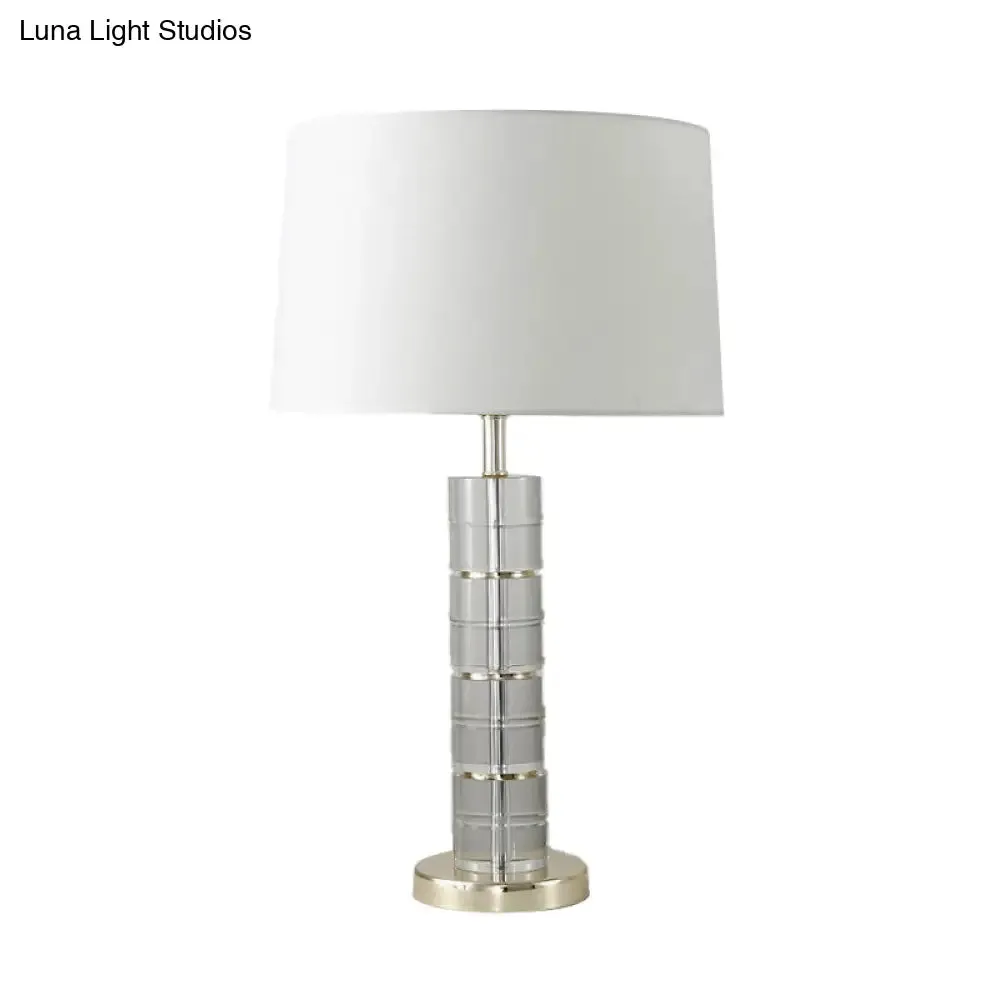 Chrome Small Desk Lamp with Clear Crystal, Modern Cylindrical Fabric Table Light