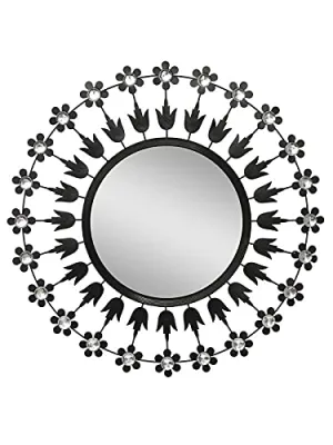 CHRONIKLE Flower Design Round Black Iron Frame Home Decor Wall Mirror for Living Room, Bedroom, Bathroom and Office (Size: 61 x 5 x 61 CM | Weight: 1385 grm | Color: Black)
