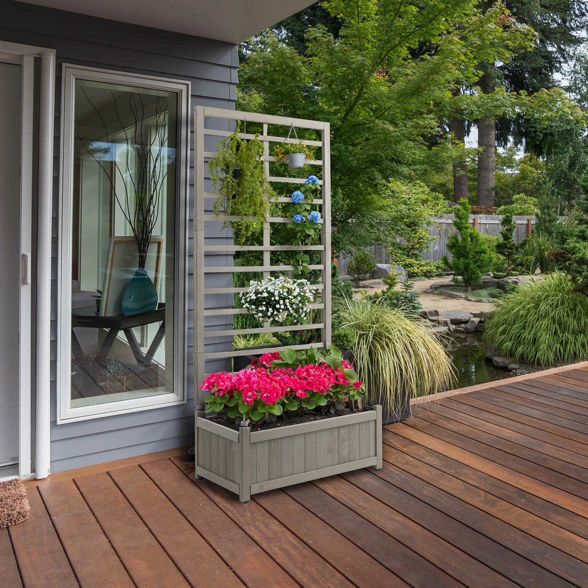Climbing Planter Box, Wood Garden Bed with Trellis, Gray