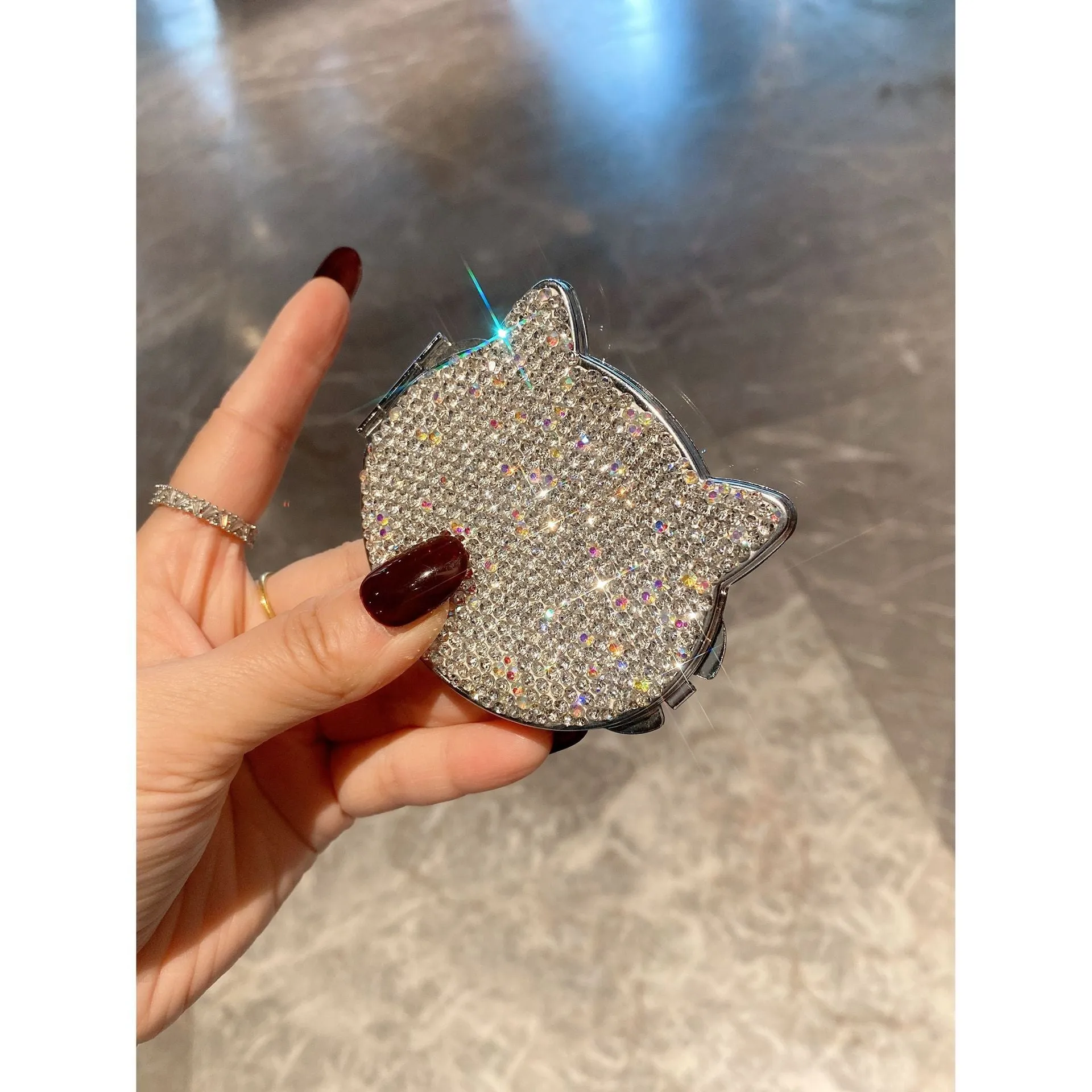 Cute Cat Shape Crystal Diamond Makeup Mirror Bling Luxury Beauty Mirror Gift
