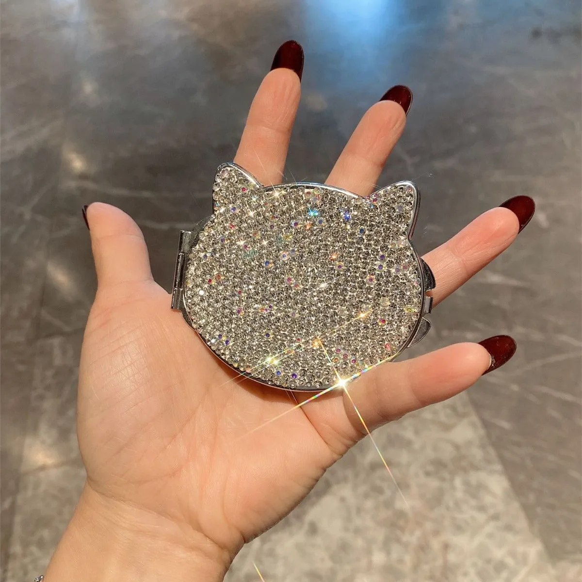 Cute Cat Shape Crystal Diamond Makeup Mirror Bling Luxury Beauty Mirror Gift