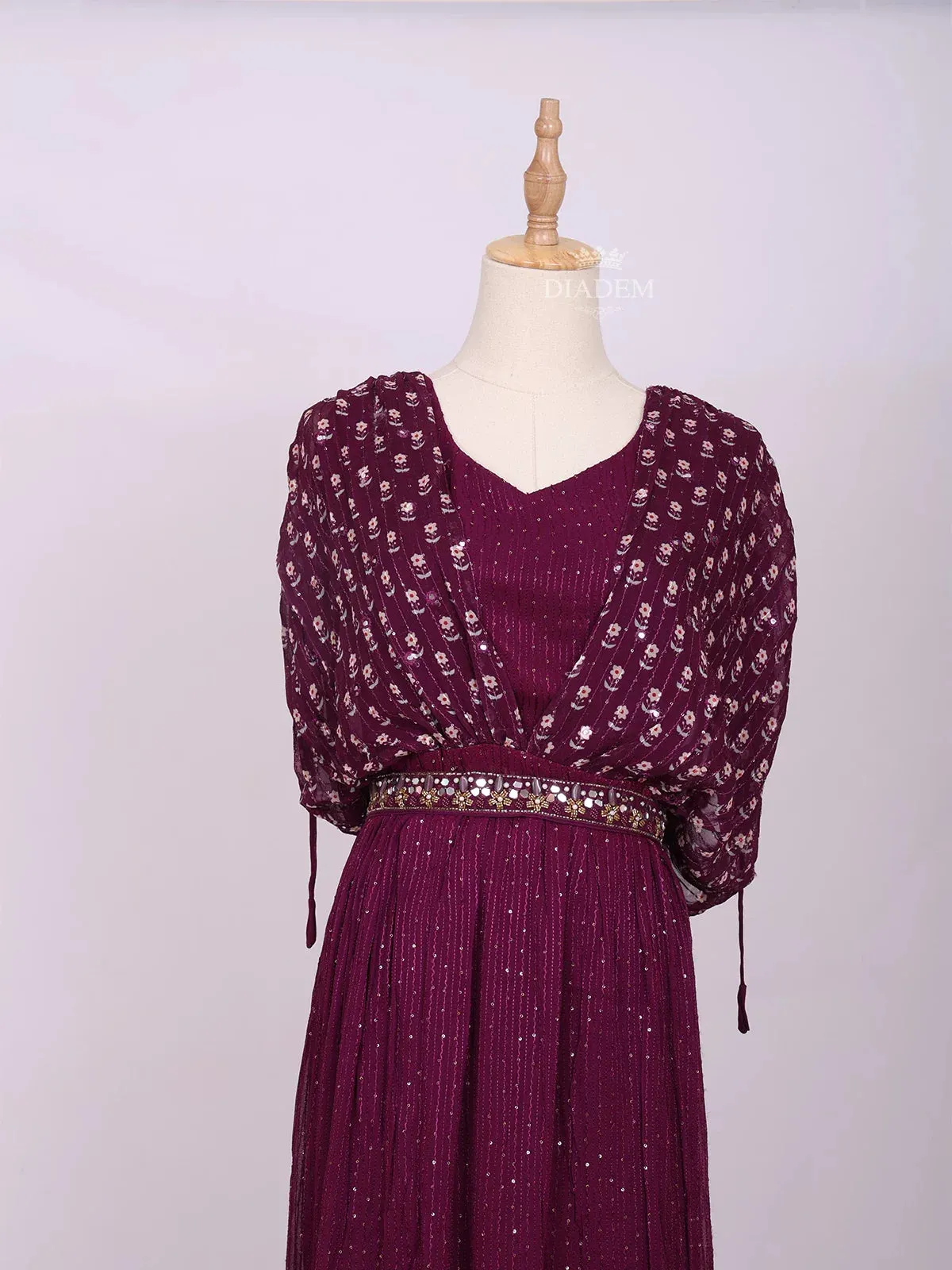 Dark Purple Plazzo Suit Adorned with Sequins and Mirror work with Waist Belt