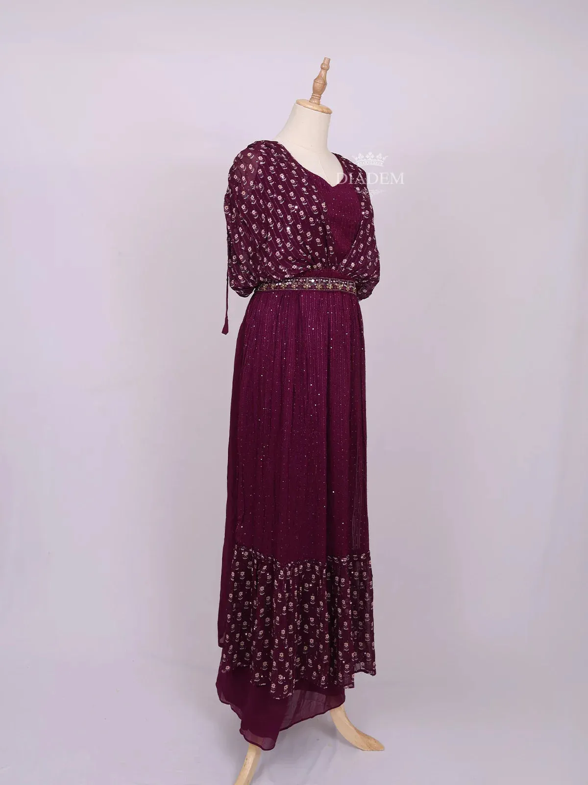 Dark Purple Plazzo Suit Adorned with Sequins and Mirror work with Waist Belt