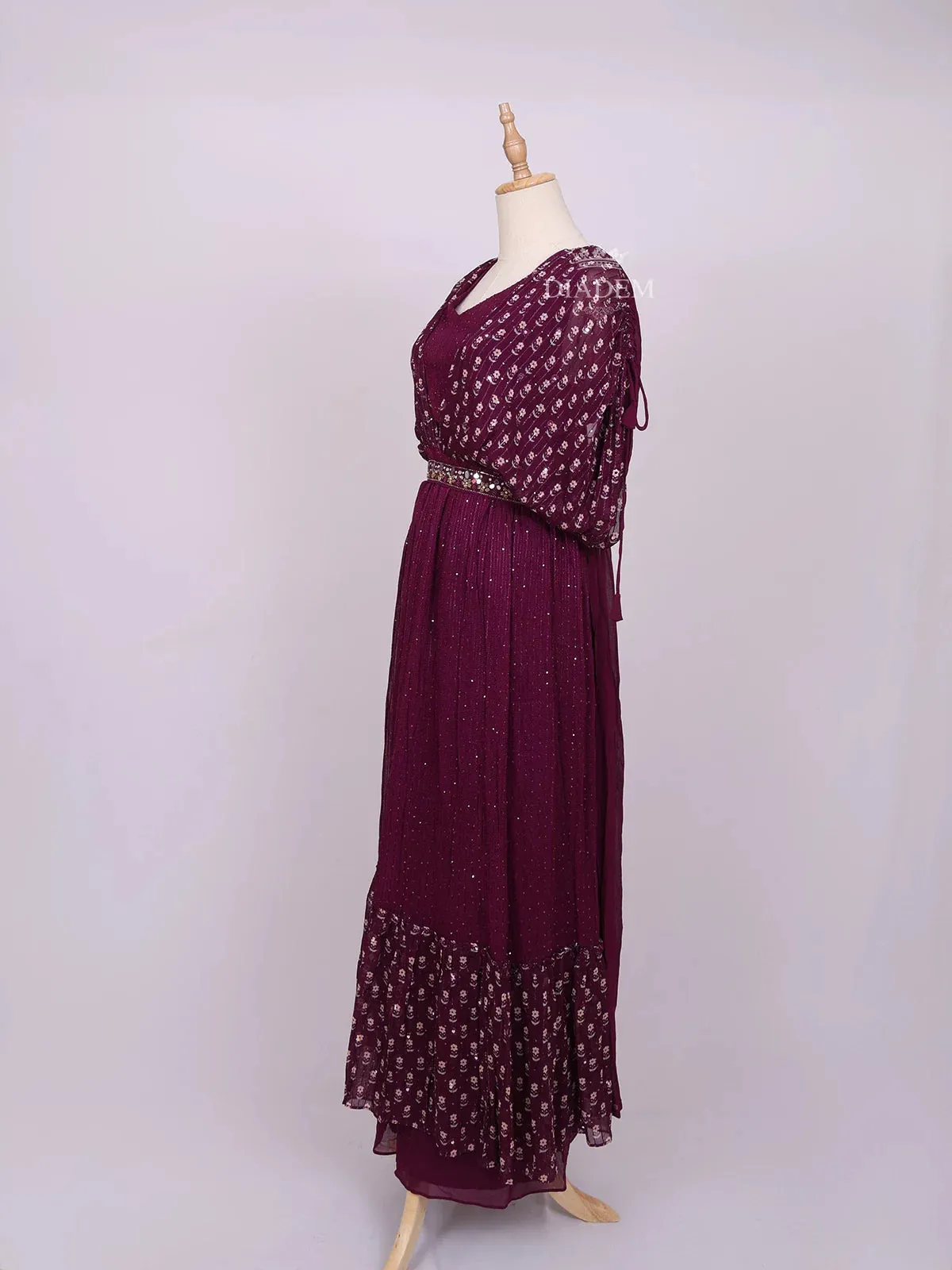 Dark Purple Plazzo Suit Adorned with Sequins and Mirror work with Waist Belt
