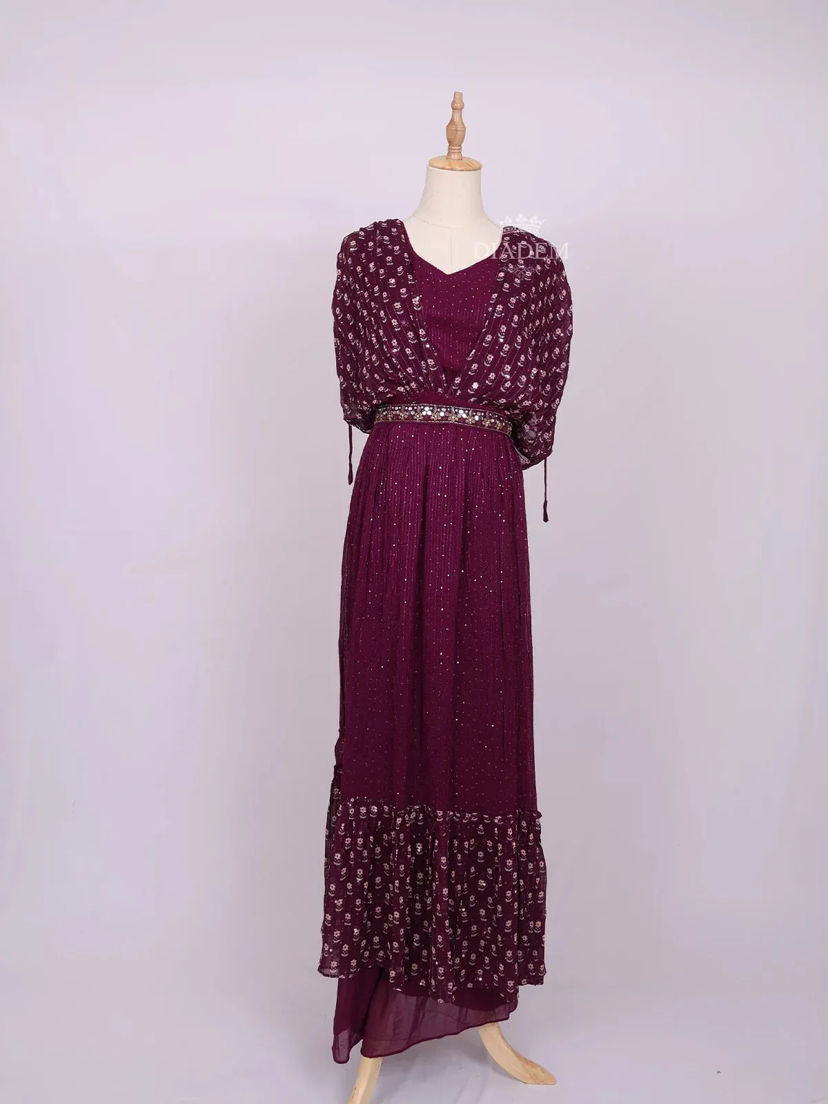 Dark Purple Plazzo Suit Adorned with Sequins and Mirror work with Waist Belt