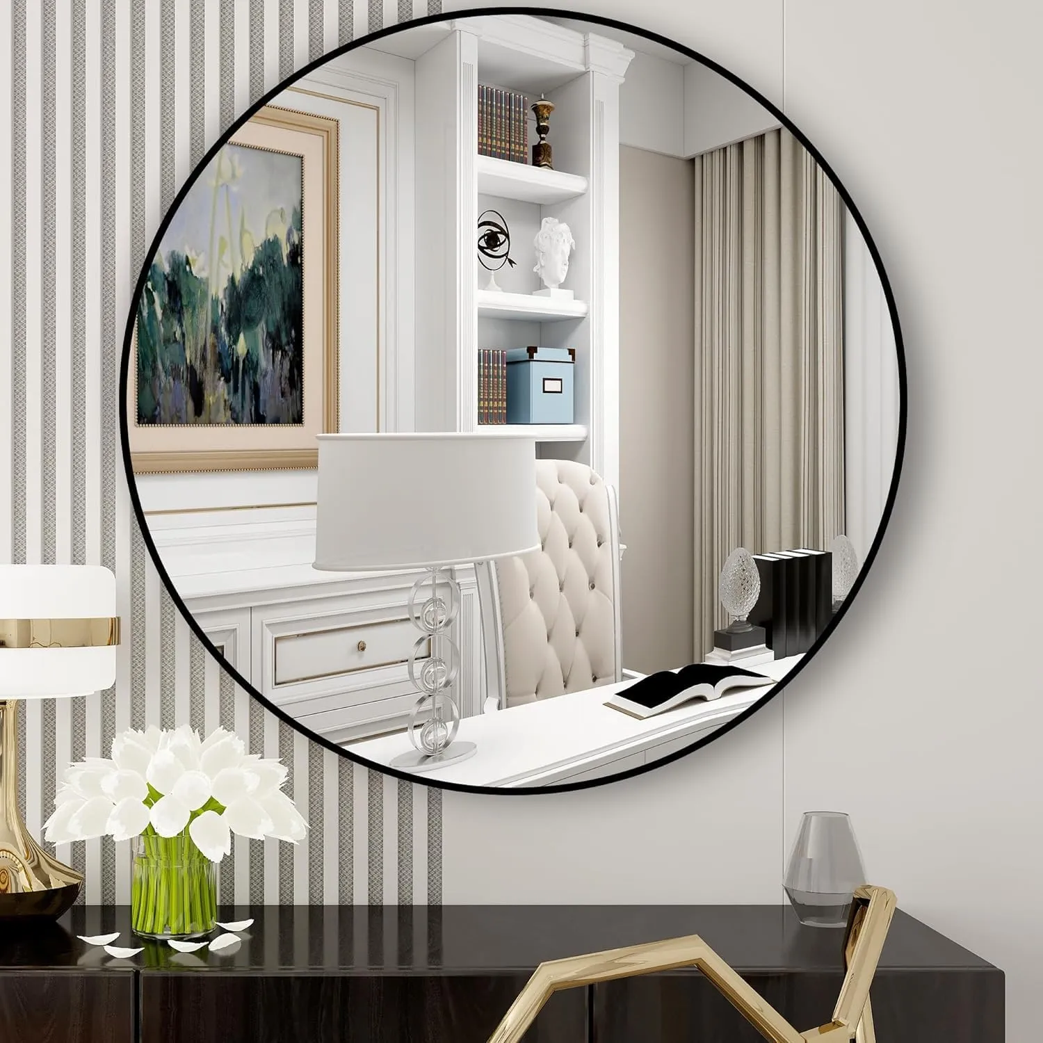DECO HUB 20 inch Modern Design Black Metal Round Mirror for Bathroom, Wall Mounted/Decor, Vanity, Living Room, Bedroom, Framed.