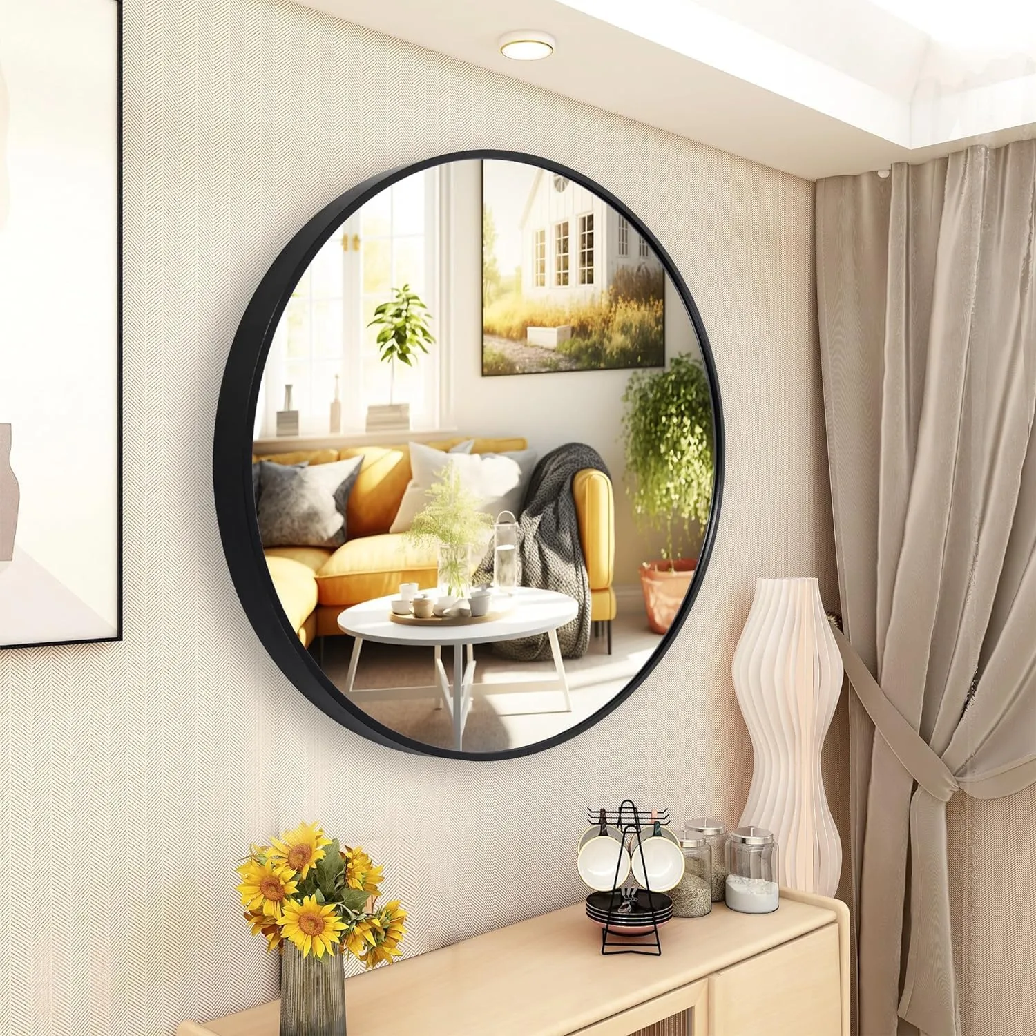 DECO HUB 20 inch Modern Design Black Metal Round Mirror for Bathroom, Wall Mounted/Decor, Vanity, Living Room, Bedroom, Framed.