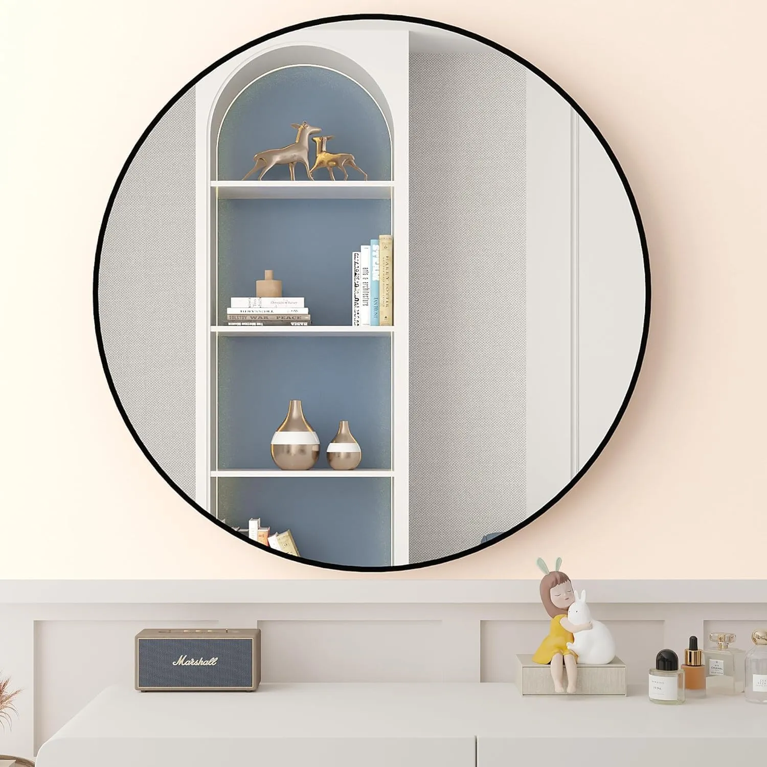 DECO HUB 20 inch Modern Design Black Metal Round Mirror for Bathroom, Wall Mounted/Decor, Vanity, Living Room, Bedroom, Framed.