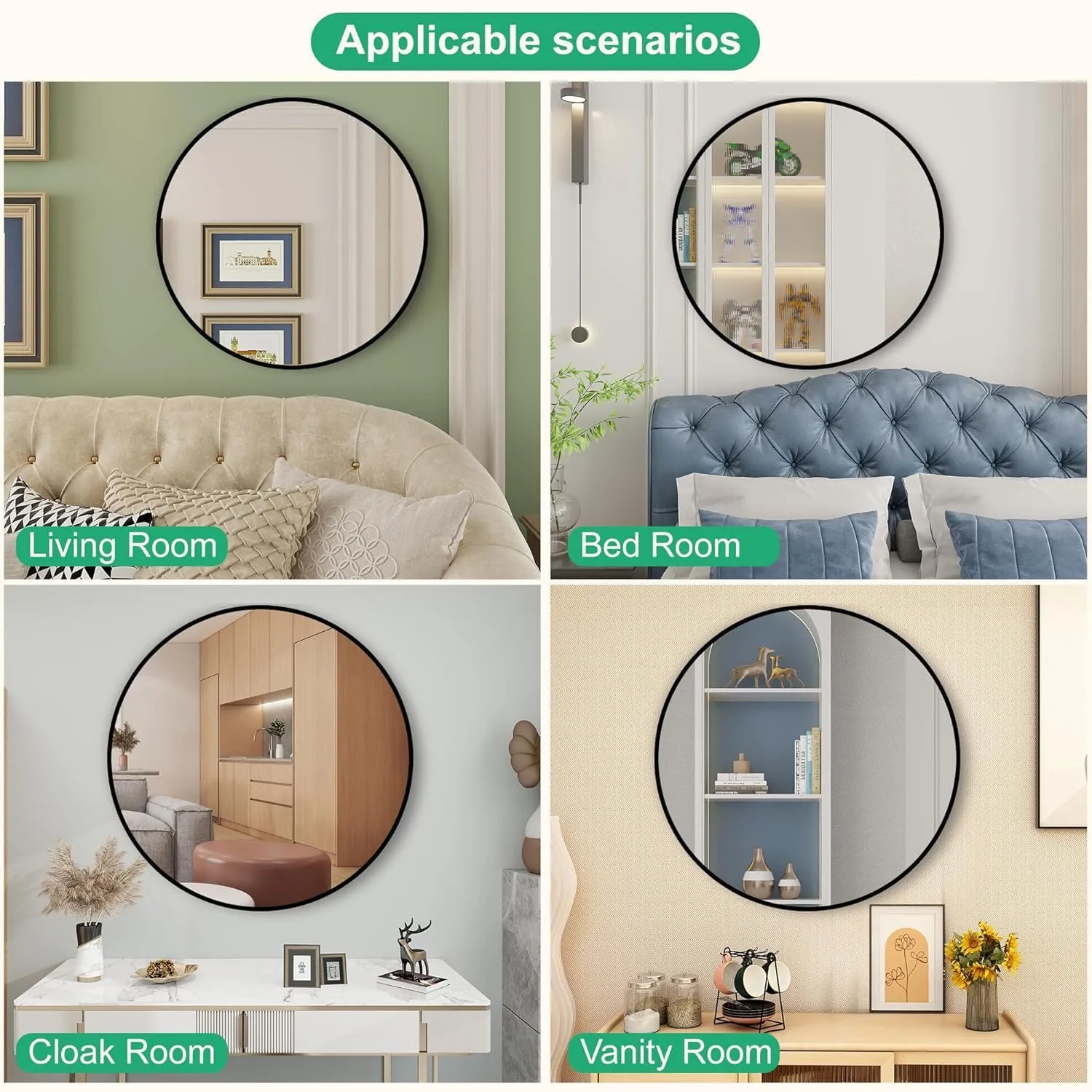 DECO HUB 20 inch Modern Design Black Metal Round Mirror for Bathroom, Wall Mounted/Decor, Vanity, Living Room, Bedroom, Framed.