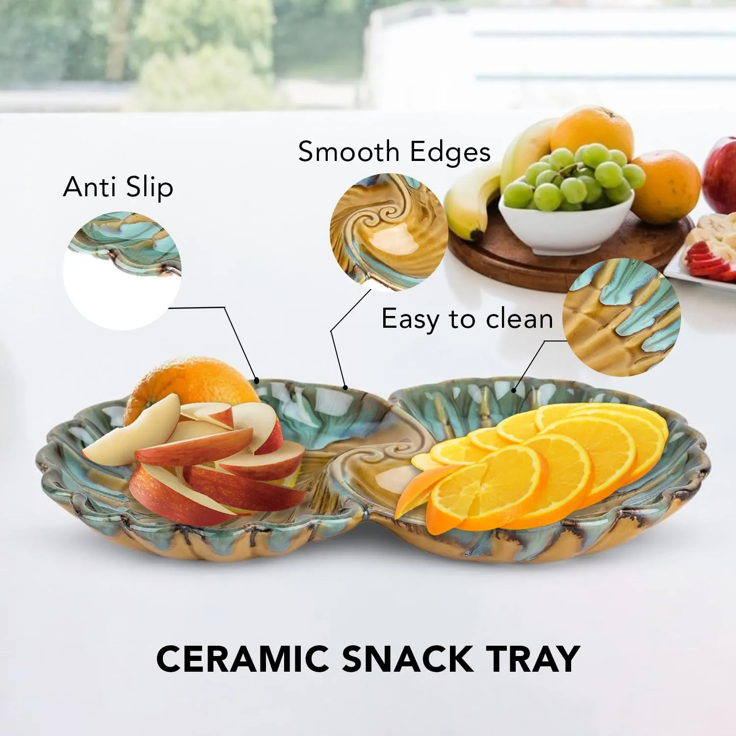 Ekhasa Ceramic Serving Tray for Snacks | Fancy Platters for Appetizer Serveware | Tea Snacks, Desserts, Dry Fruits, Salad, Starter Plates for Dining | Designer Shell Shape Tray Set (Multi Colour)