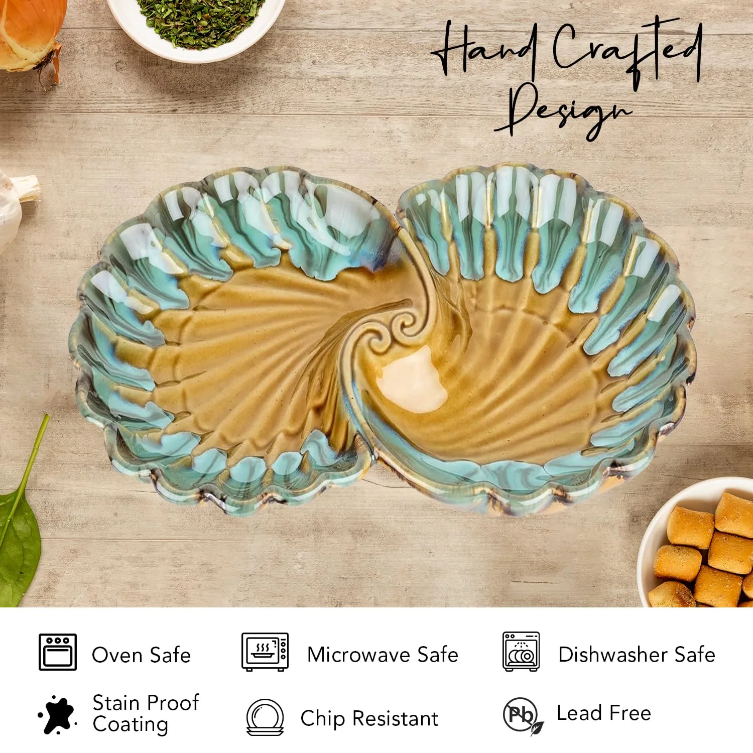 Ekhasa Ceramic Serving Tray for Snacks | Fancy Platters for Appetizer Serveware | Tea Snacks, Desserts, Dry Fruits, Salad, Starter Plates for Dining | Designer Shell Shape Tray Set (Multi Colour)