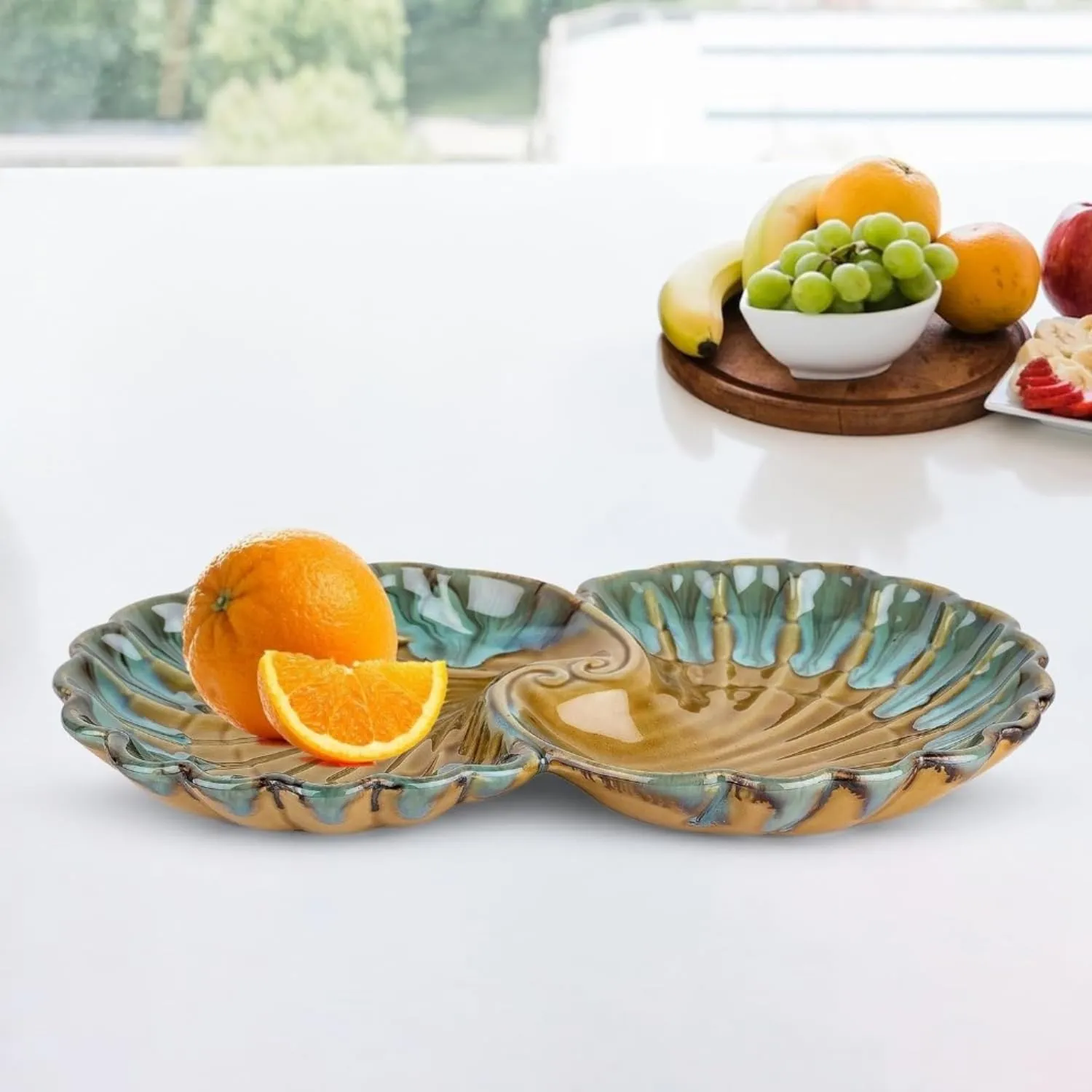 Ekhasa Ceramic Serving Tray for Snacks | Fancy Platters for Appetizer Serveware | Tea Snacks, Desserts, Dry Fruits, Salad, Starter Plates for Dining | Designer Shell Shape Tray Set (Multi Colour)