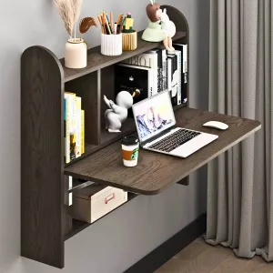 Farmhouse Grey Wood Wall Mounted Fold Down Desk with Storage Shelf, 33.07"W 31.7"H