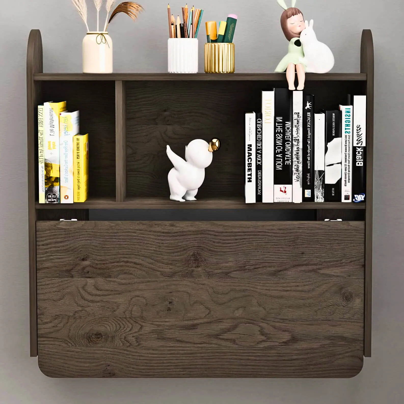 Farmhouse Grey Wood Wall Mounted Fold Down Desk with Storage Shelf, 33.07"W 31.7"H