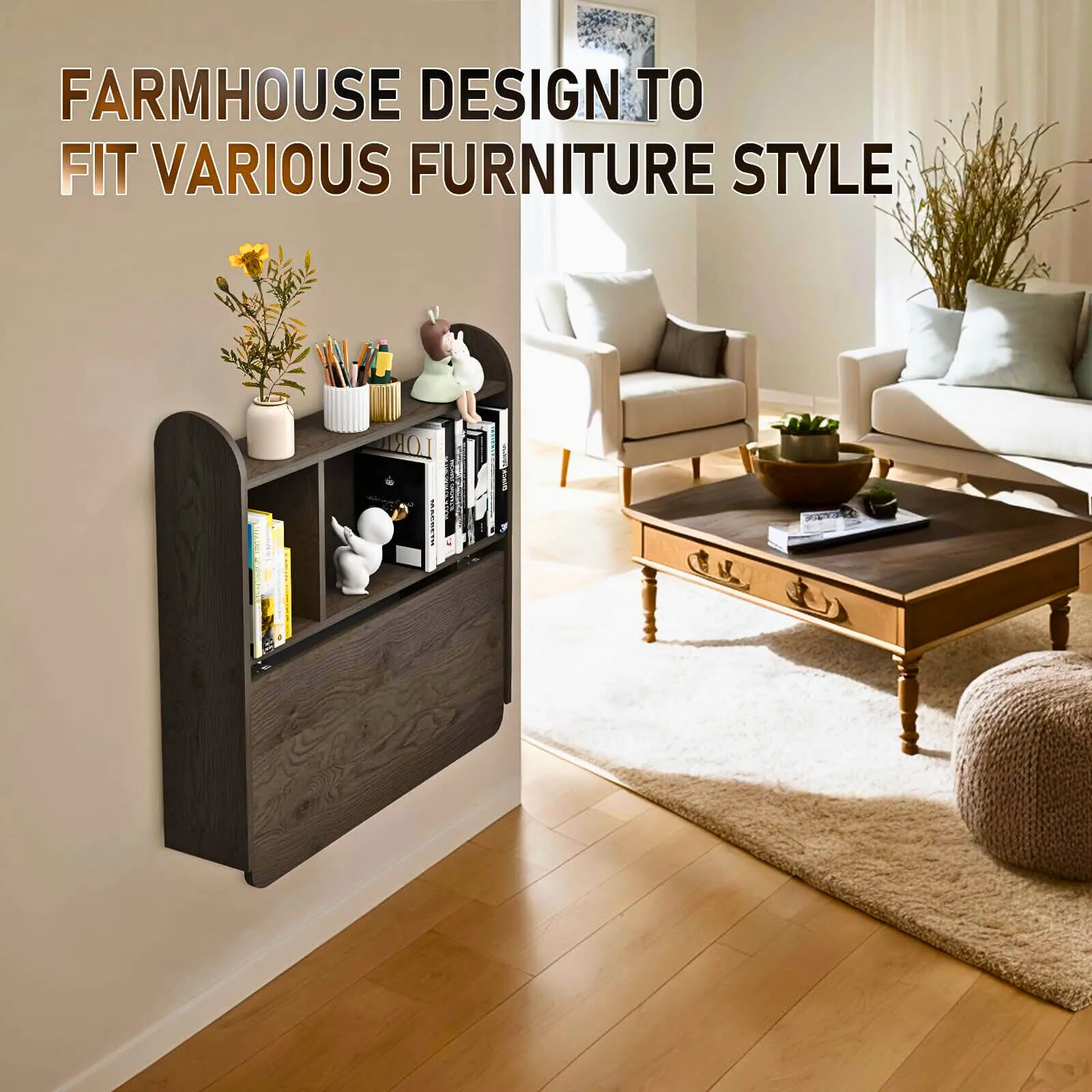 Farmhouse Grey Wood Wall Mounted Fold Down Desk with Storage Shelf, 33.07"W 31.7"H