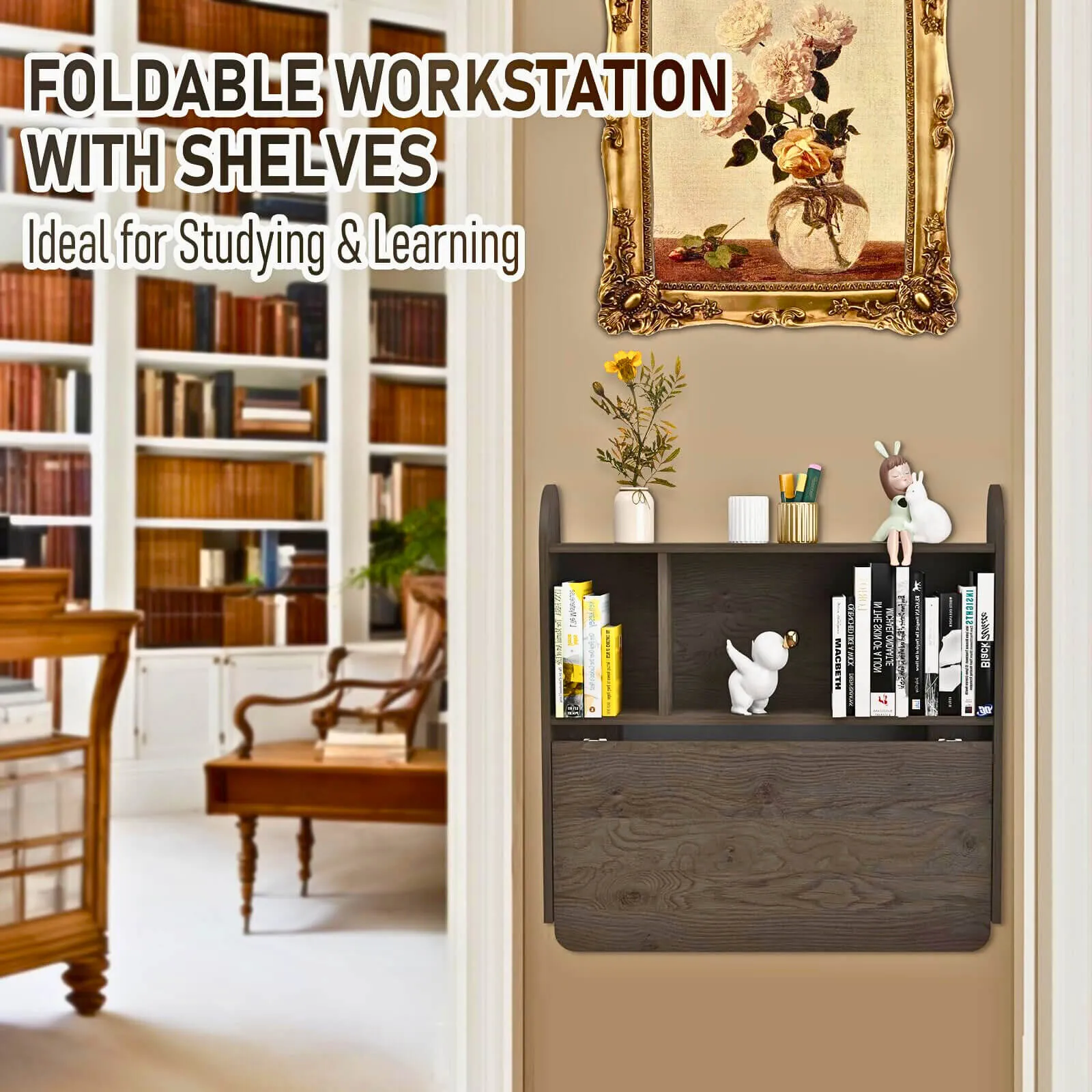Farmhouse Grey Wood Wall Mounted Fold Down Desk with Storage Shelf, 33.07"W 31.7"H