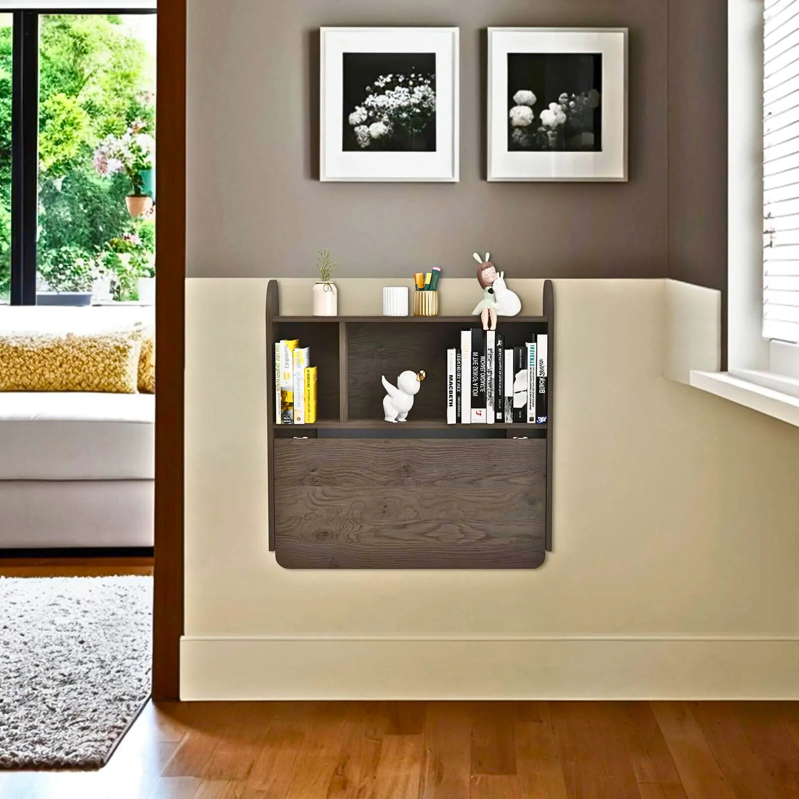 Farmhouse Grey Wood Wall Mounted Fold Down Desk with Storage Shelf, 33.07"W 31.7"H