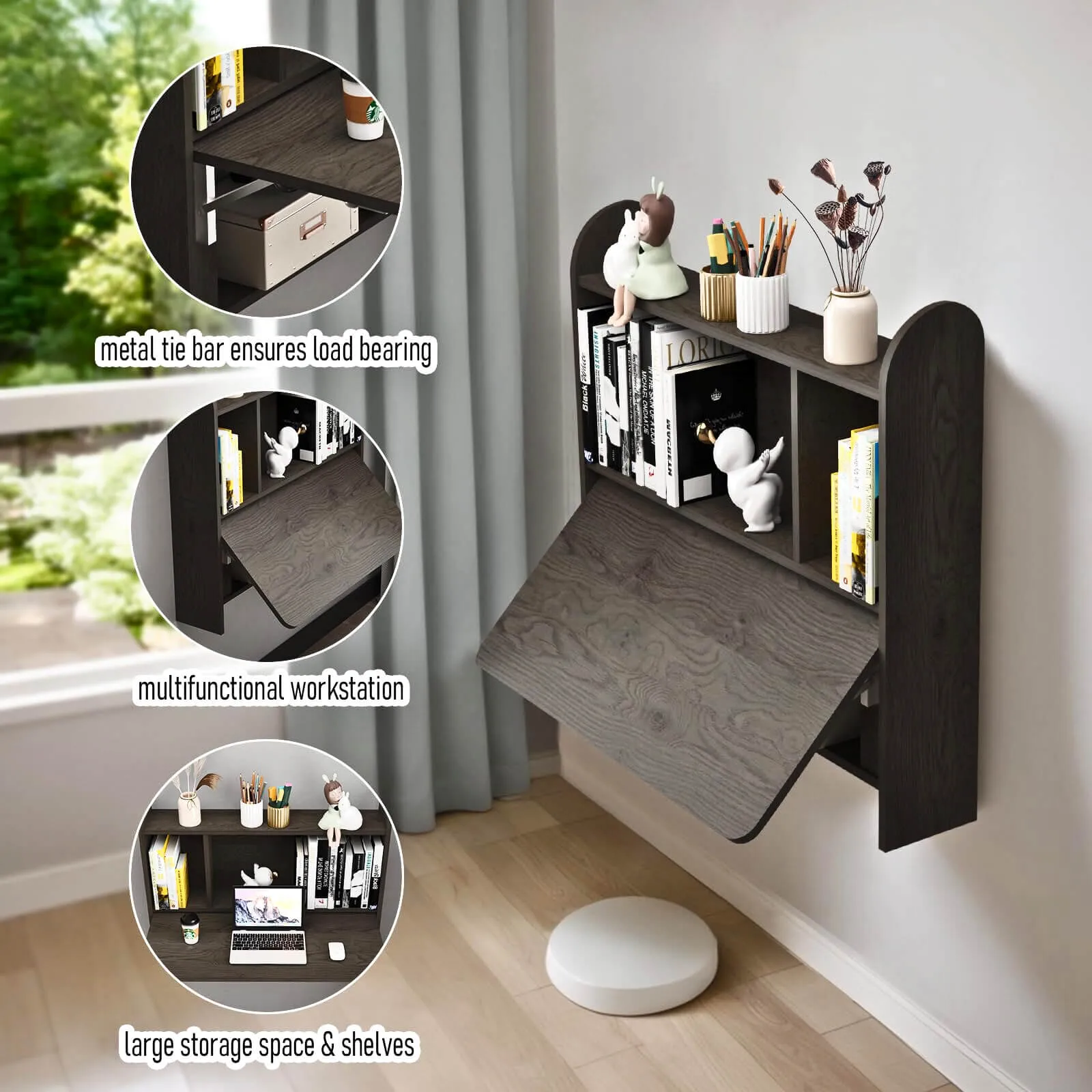 Farmhouse Grey Wood Wall Mounted Fold Down Desk with Storage Shelf, 33.07"W 31.7"H
