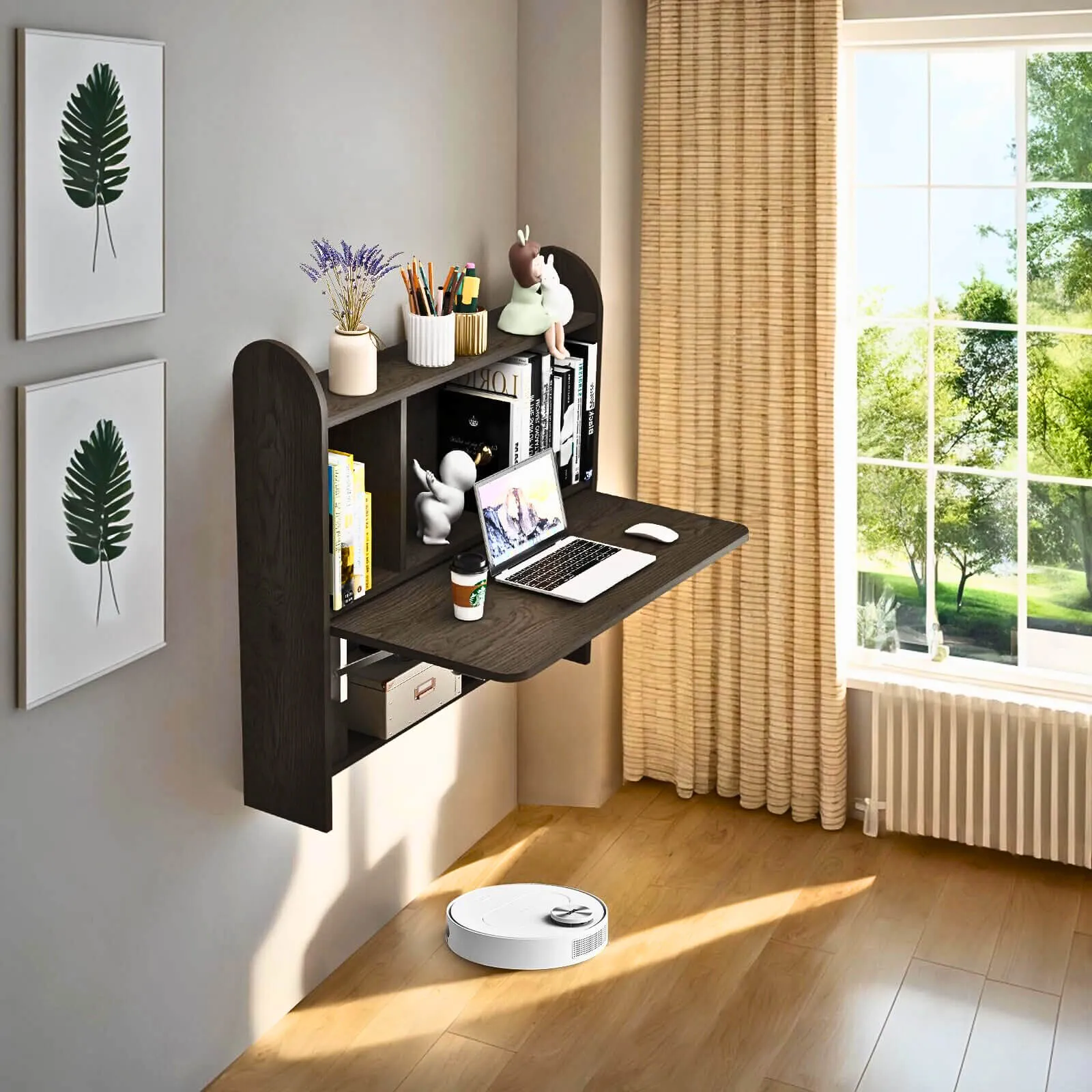 Farmhouse Grey Wood Wall Mounted Fold Down Desk with Storage Shelf, 33.07"W 31.7"H