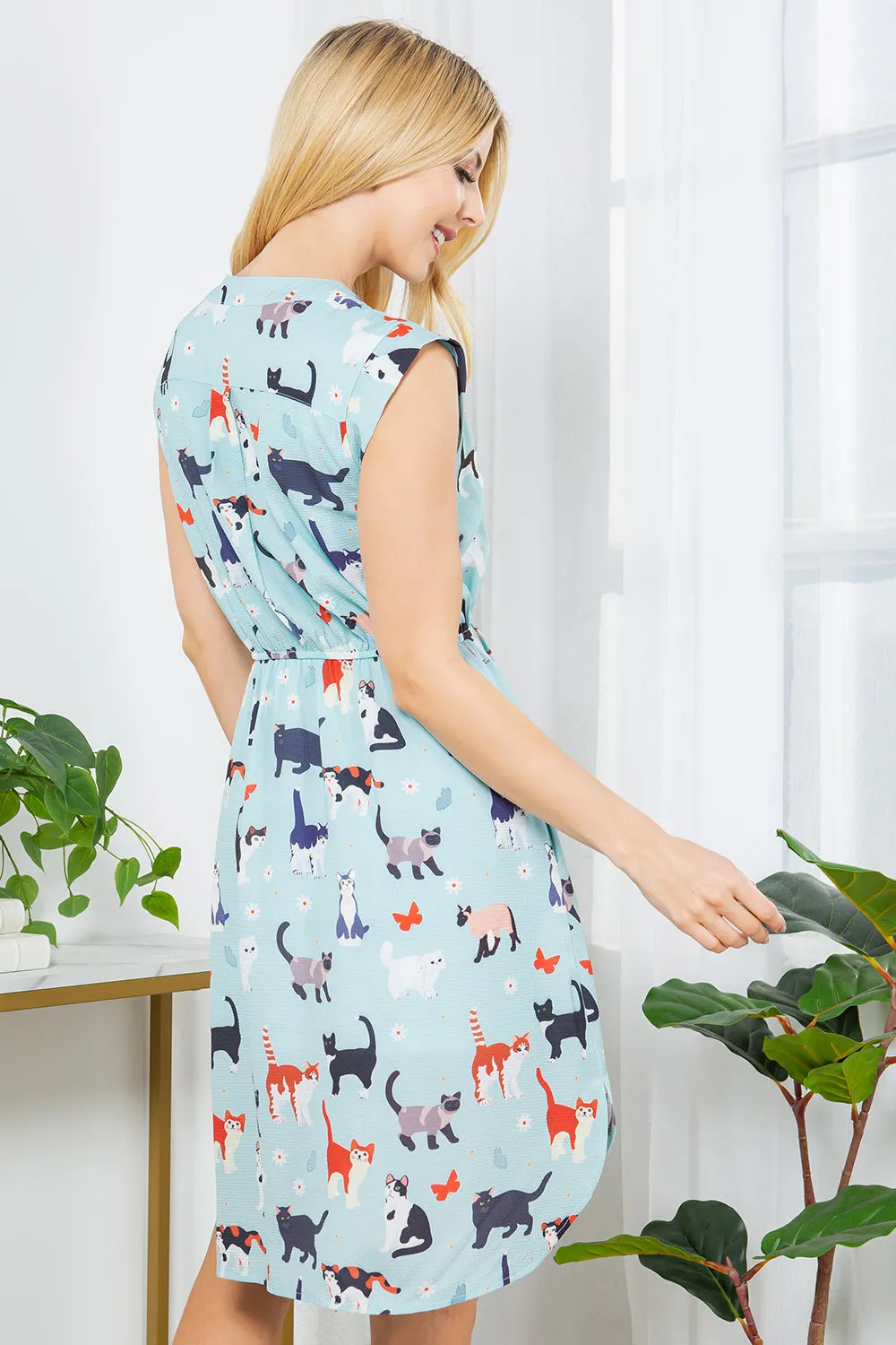 French Cafe Dress in Blue Cats