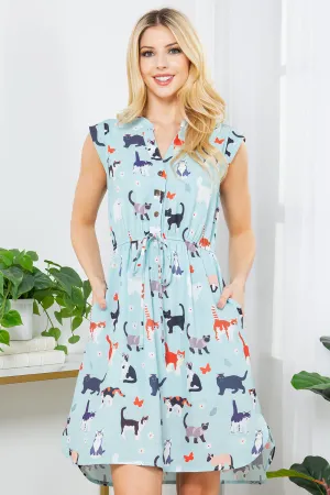 French Cafe Dress in Blue Cats